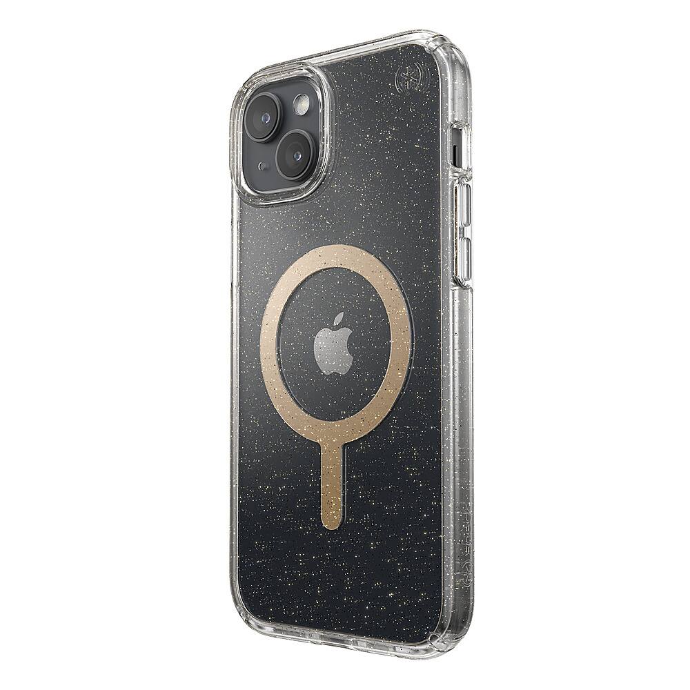 Left. Speck - Presidio Lux Case with MagSafe for Apple iPhone 15 Plus/14 Plus - Clear/Gold Glitter.
