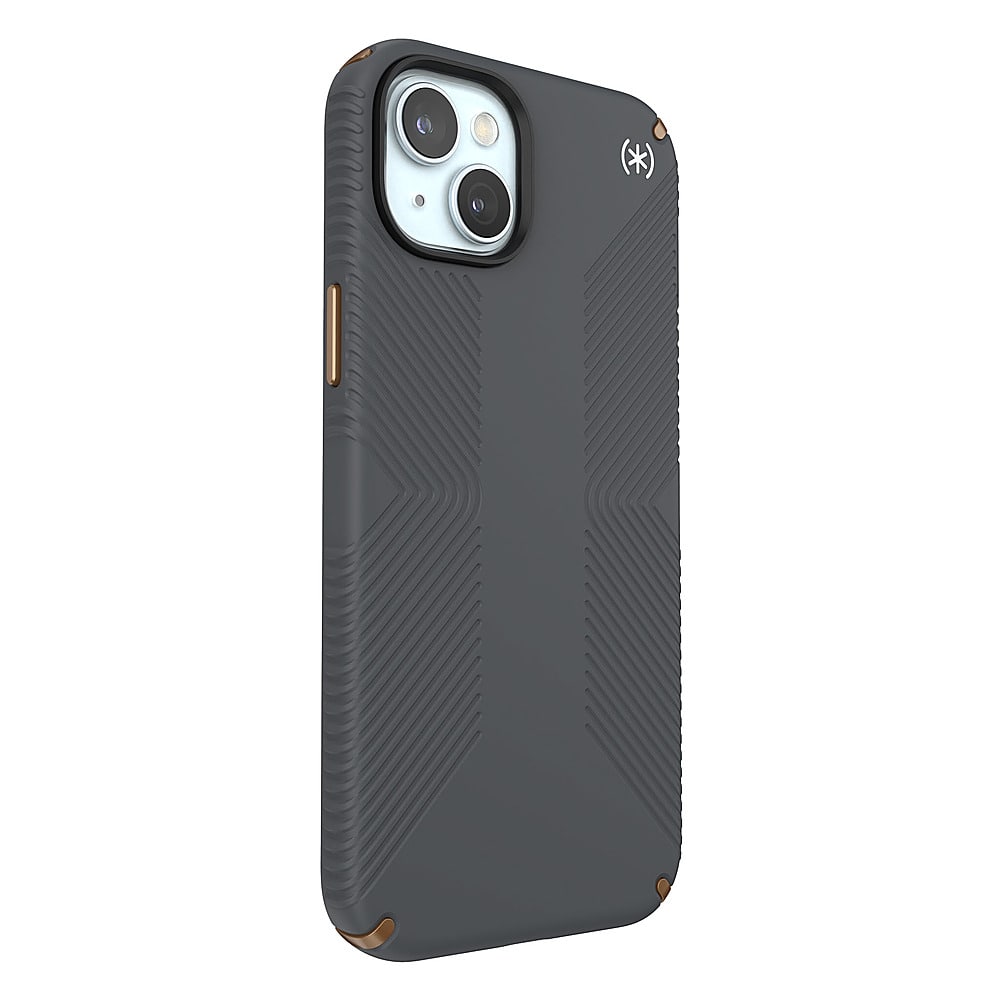 Angle. Speck - Presidio2 Grip Case for Apple iPhone 15 Plus/14 Plus - Charcoal Gray.