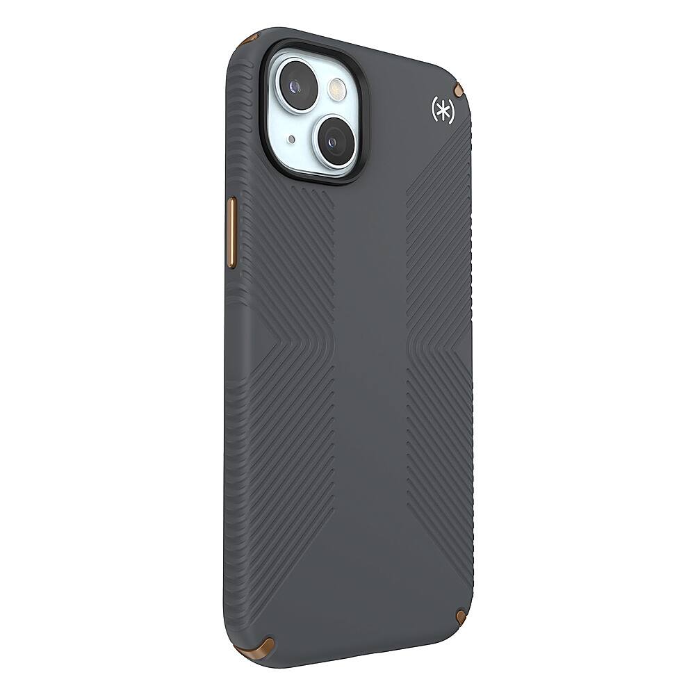 Angle. Speck - Presidio2 Grip Case for Apple iPhone 15 Plus/14 Plus - Charcoal Gray.