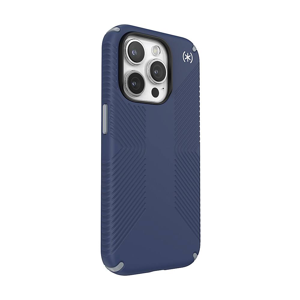 Angle. Speck - Presidio2 Grip Case with MagSafe for Apple iPhone 15 Pro - Coastal Blue.