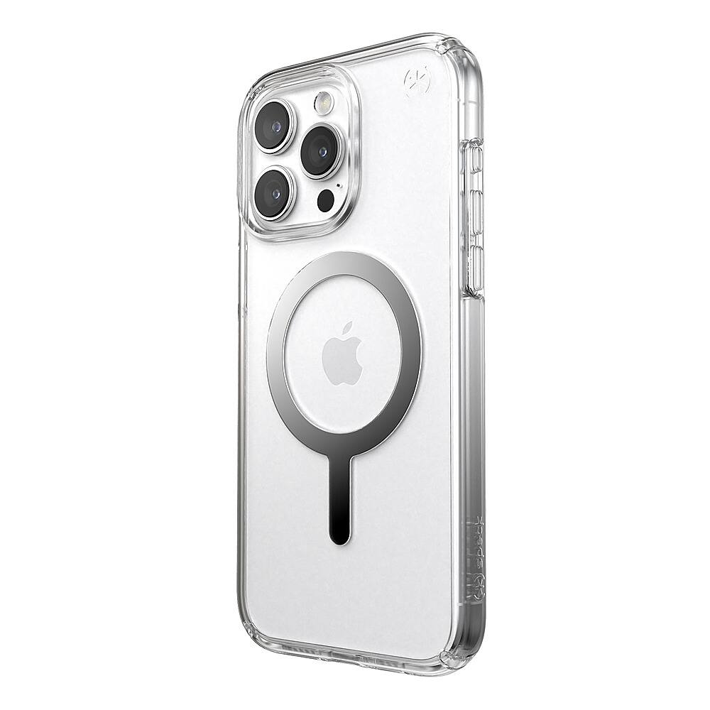 Left. Speck - Presidio Perfect-Clear Case with MagSafe for Apple iPhone 15 Pro Max - Clear/Chrome.