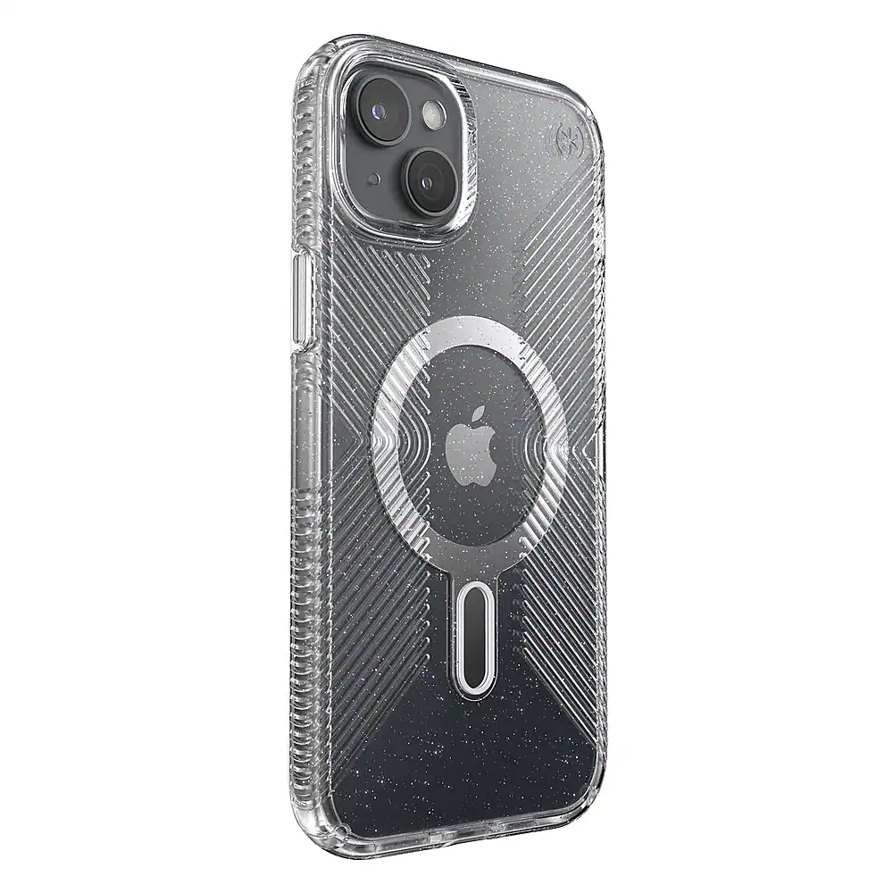 Angle. Speck - Presidio Lux Grip ClickLock Case with MagSafe for Apple iPhone 15 Plus/14 Plus - Clear/Glitter.