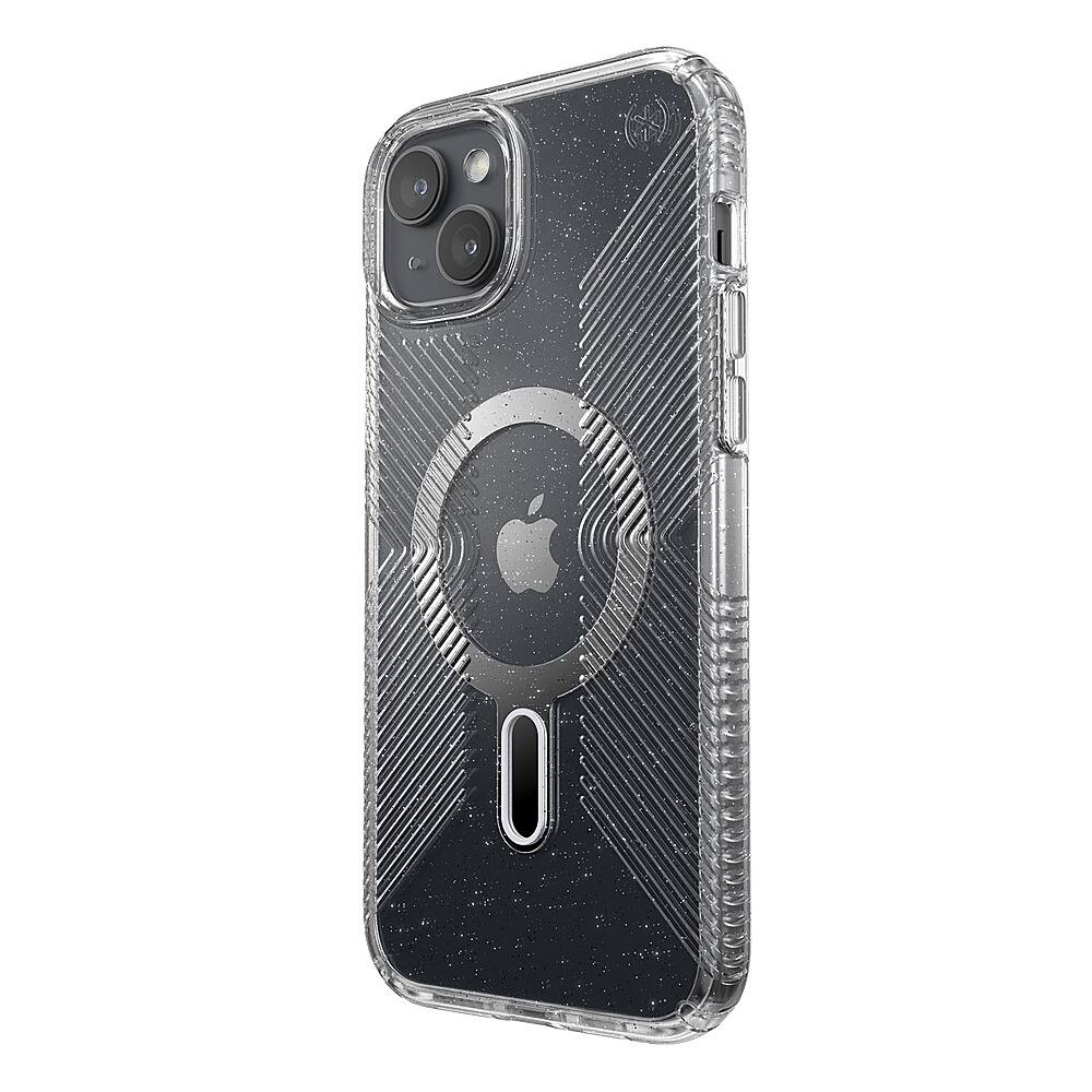 Left. Speck - Presidio Lux Grip ClickLock Case with MagSafe for Apple iPhone 15 Plus/14 Plus - Clear/Glitter.