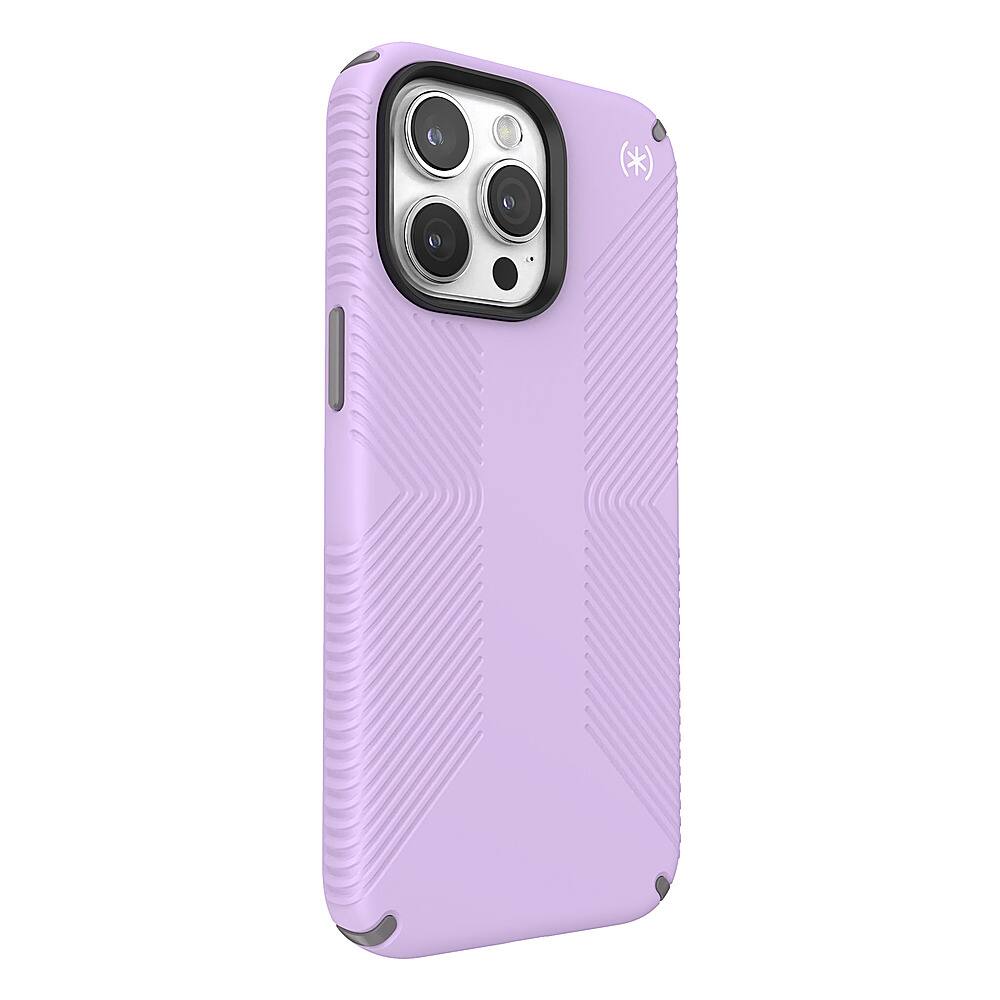 Angle. Speck - Presidio2 Grip Case with MagSafe for Apple iPhone 15 Pro Max - Spring Purple.
