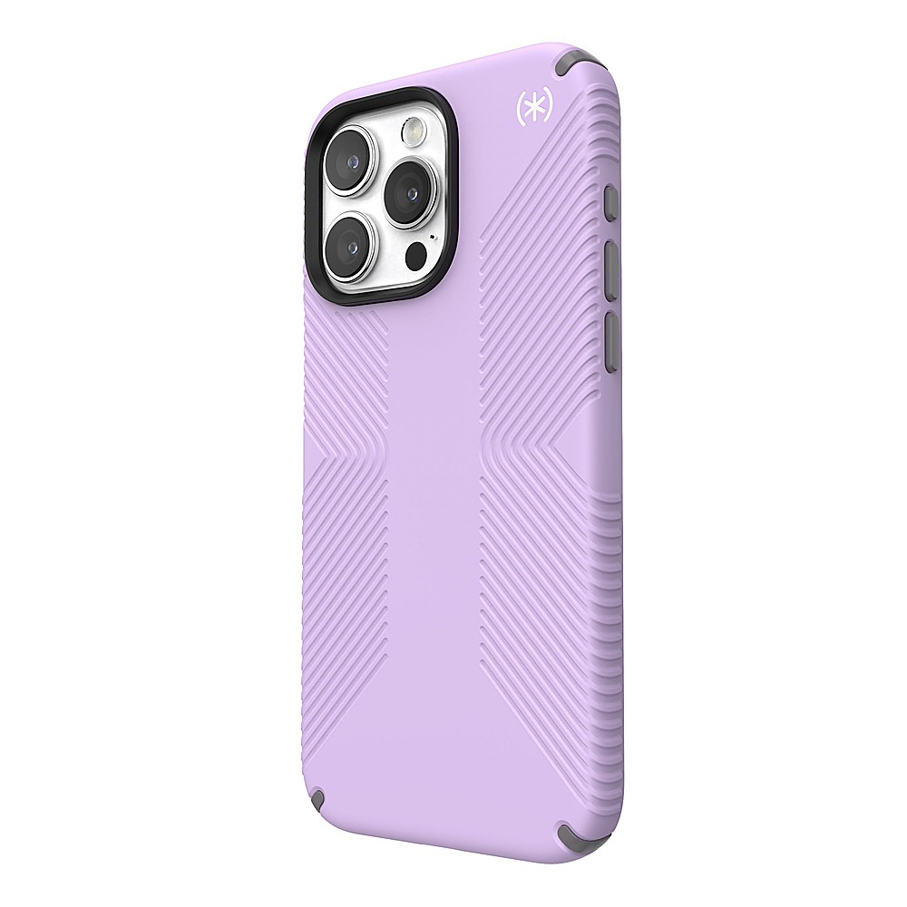 Left View: Speck - Presidio2 Grip Case with MagSafe for Apple iPhone 15 Pro Max - Spring Purple