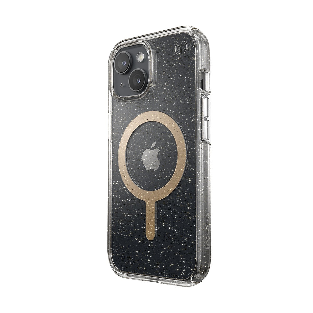 Left. Speck - Presidio Lux Case with MagSafe for Apple iPhone 15/14/13 - Clear/Gold Glitter.