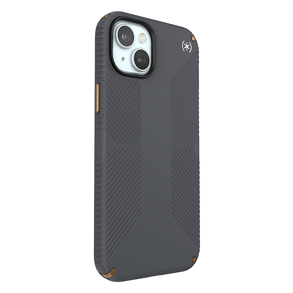 Angle. Speck - Presidio2 Grip Case with MagSafe for Apple iPhone 15 Plus/14 Plus - Charcoal Gray.