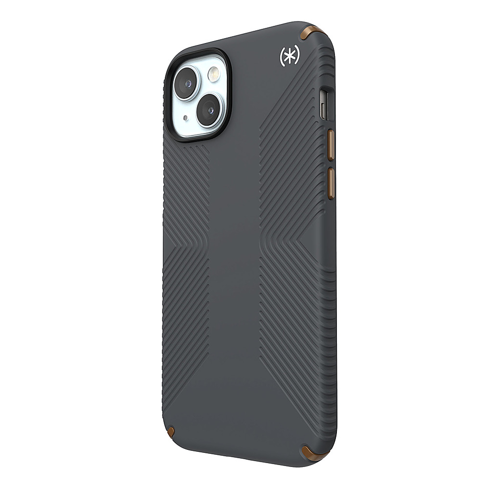 Left View: Speck - Presidio2 Grip Case with MagSafe for Apple iPhone 15 Plus/14 Plus - Charcoal Gray