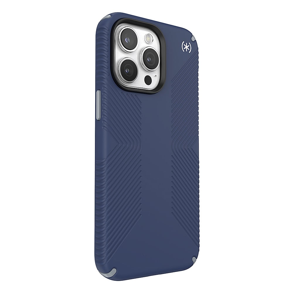 Angle. Speck - Presidio2 Grip Case with MagSafe for Apple iPhone 15 Pro Max - Coastal Blue.