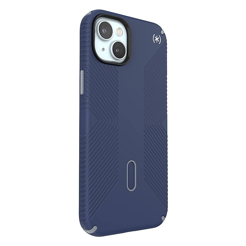 Angle. Speck - Presidio2 Grip ClickLock Case with MagSafe for Apple iPhone 15 Plus/14 Plus - Coastal Blue.