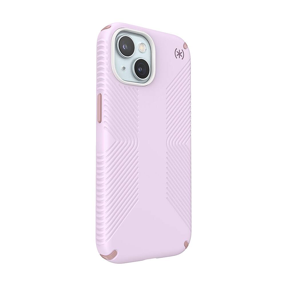 Angle. Speck - Presidio2 Grip Case with MagSafe for Apple iPhone 15/14/13 - Soft Lilac.
