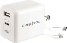Front. Chargeworx - USB and USB-C Wall Charger with Lightning Cable - White.