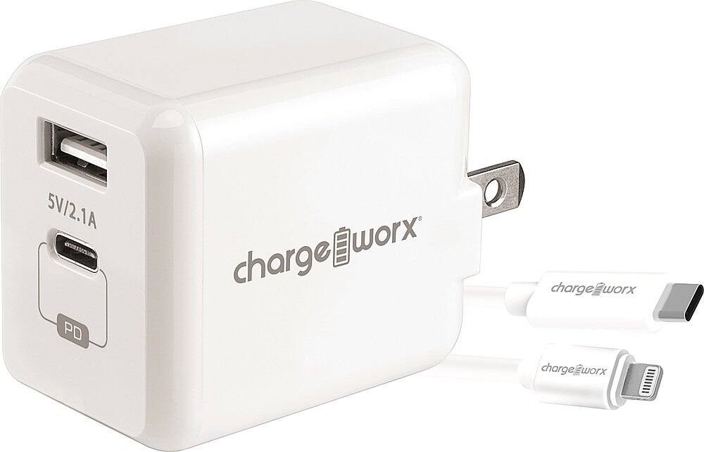Front. Chargeworx - USB and USB-C Wall Charger with Lightning Cable - White.