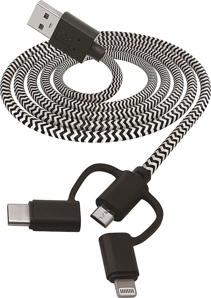 Front. Chargeworx - 6' 3-in-1 Braided Charge-and-Sync Cable - Black.