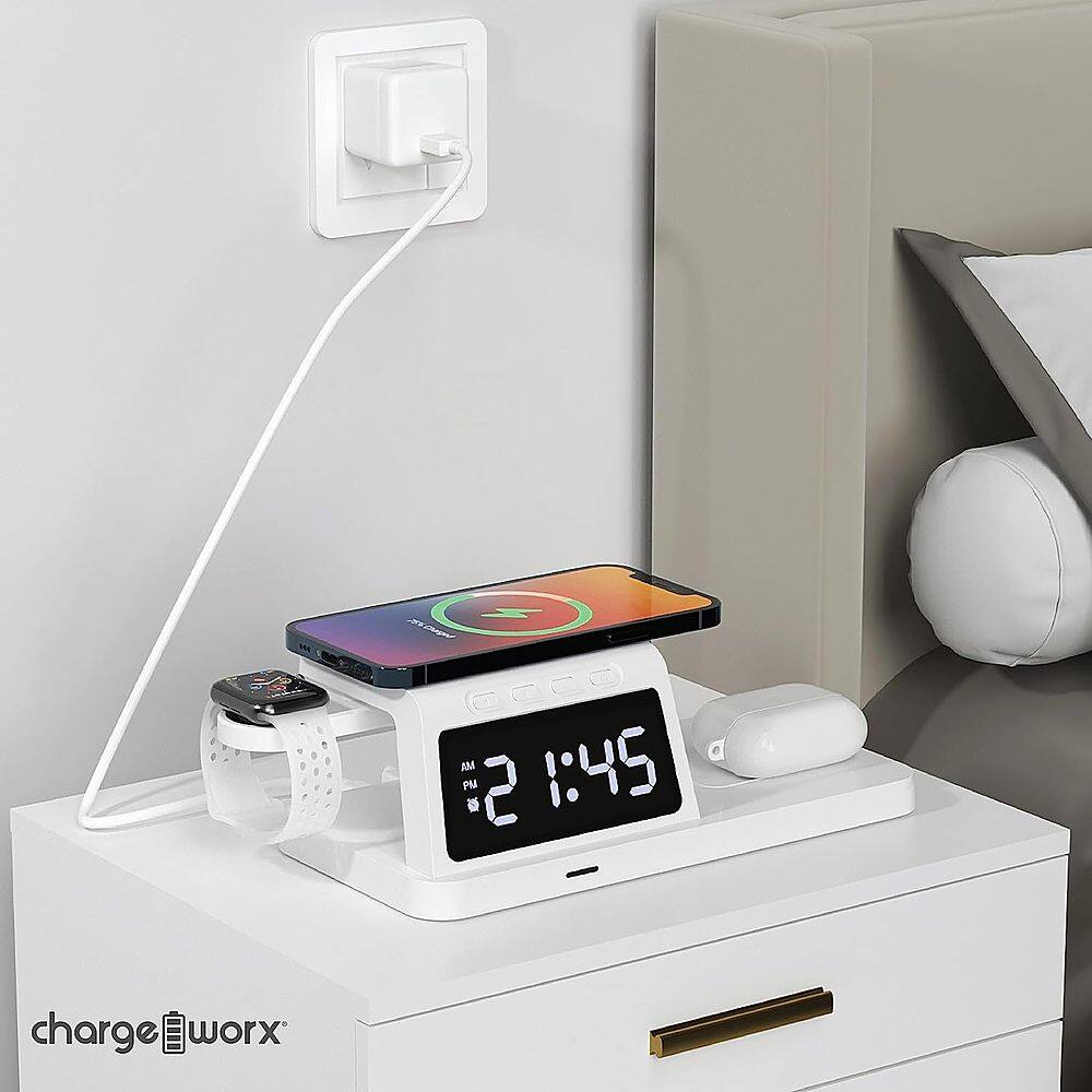 Left. Chargeworx - 4-in-1 Wireless Charging Digital Alarm Clock - White.