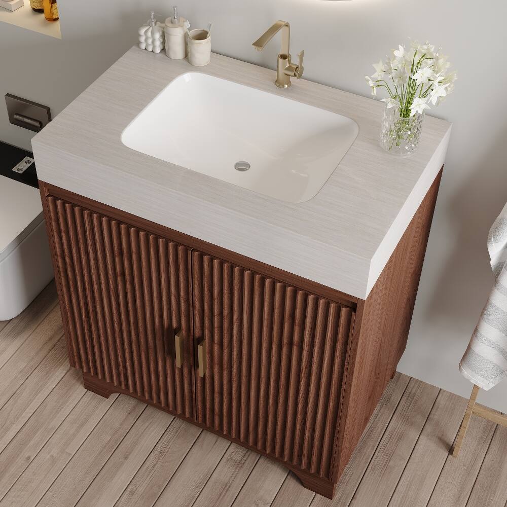 Alt View 3. Loheer - Loheer 30 inch freestanding bathroom vanity with seamless ceramic sink and sintered stone countertop - Brown, Stone Gray.