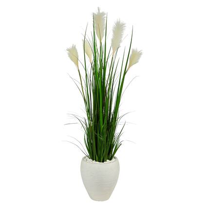 Front. BreeBe - 4.5' Wheat Plum Grass Artificial Plant in White Planter - Green.