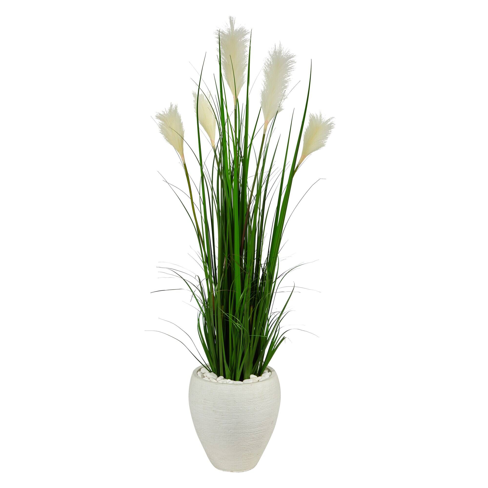 Front. BreeBe - 4.5' Wheat Plum Grass Artificial Plant in White Planter - Green.
