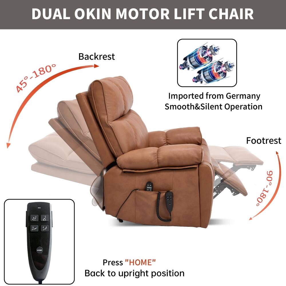 DUAL OKIN MOTOR LIFT CHAIR  
Backrest: 45°-180°  
Footrest: 90°-180°  
Imported from Germany  
Smooth & Silent Operation  
Press "HOME" to return to upright position