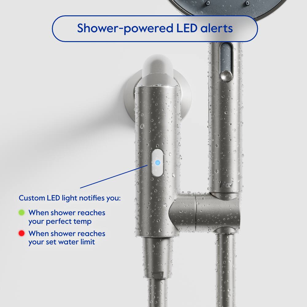 The image features a shower-powered LED alert system that includes a custom LED light to notify the user when the shower reaches their perfect temperature and when the shower reaches their set water limit. The system is designed to provide a convenient and eco-friendly way to manage water usage in the shower.