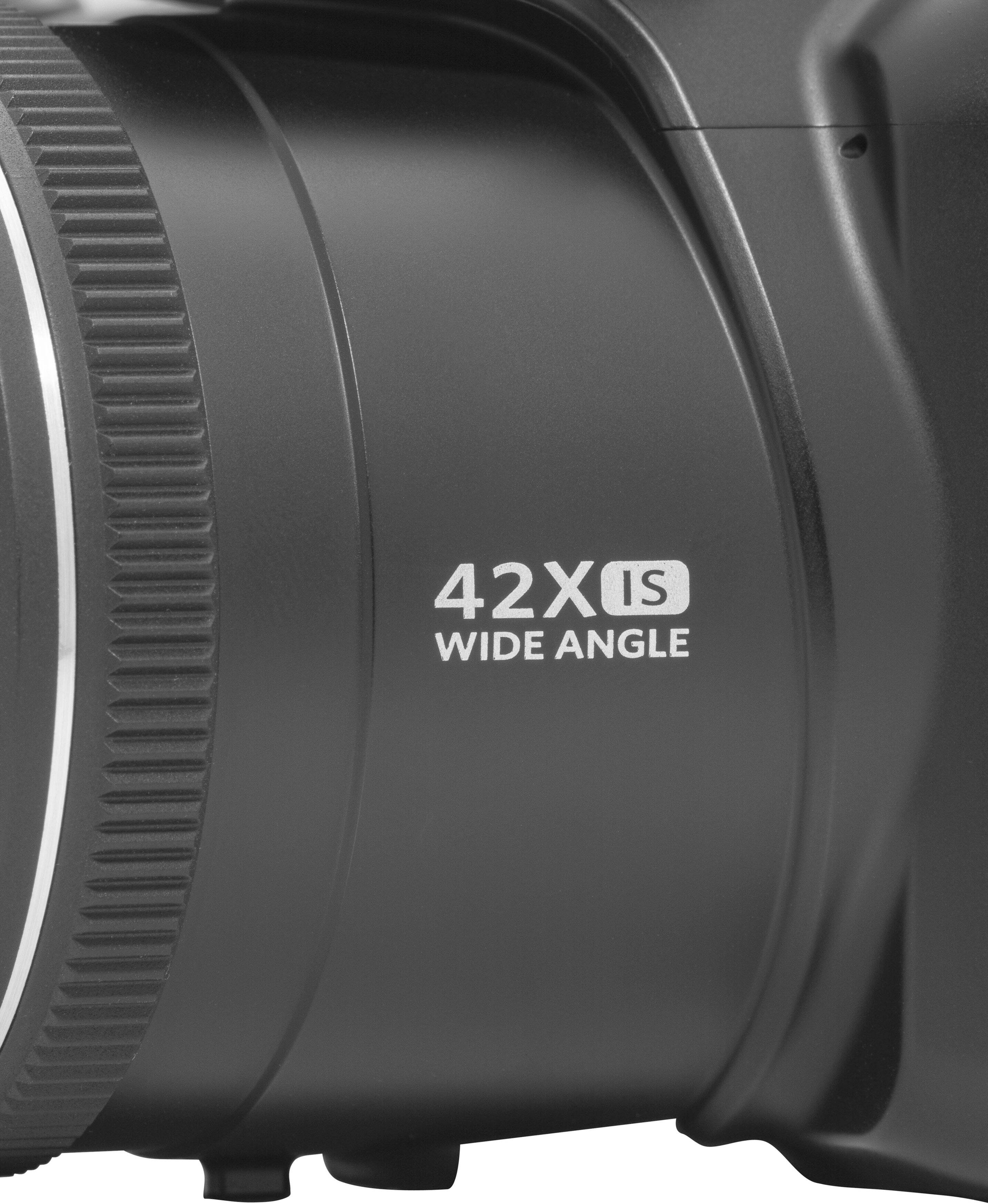 The text on the image reads "42X IS WIDE ANGLE," which indicates that the lens is designed for capturing wide-angle images.