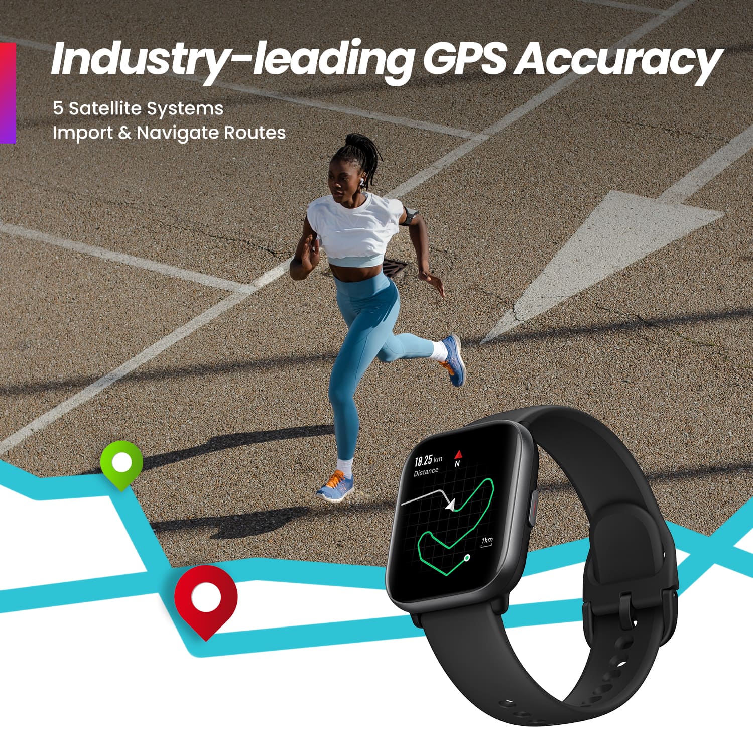 The image features a woman wearing a watch on her wrist, which is an activity tracker and smart watch. The watch is showcasing its GPS accuracy, which is industry-leading. The watch is equipped with five satellite systems, allowing for accurate navigation and route tracking. The watch is also capable of importing and navigating routes, making it a versatile and useful tool for outdoor activities and fitness tracking.