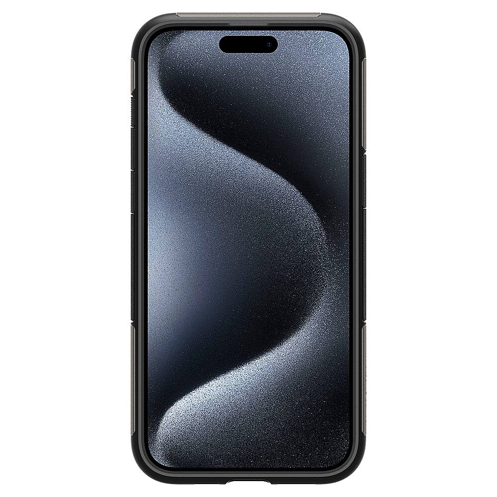 Angle. Spigen - Slim Armor MagFit Case for Apple iPhone 15 Pro - Gunmetal.