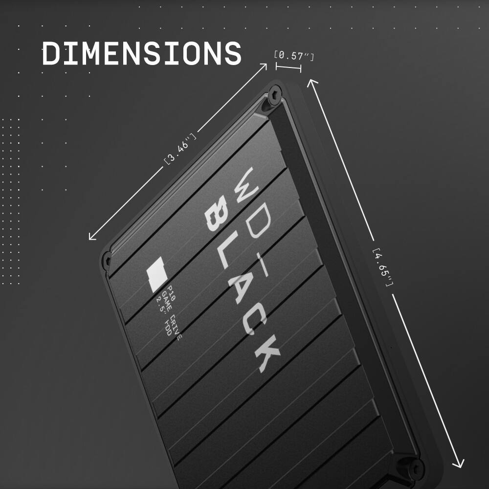 The dimensions of the WD Black hard drive are 3.5" x 2.5" x 0.9" (88.9 mm x 63.5 mm x 22.86 mm).