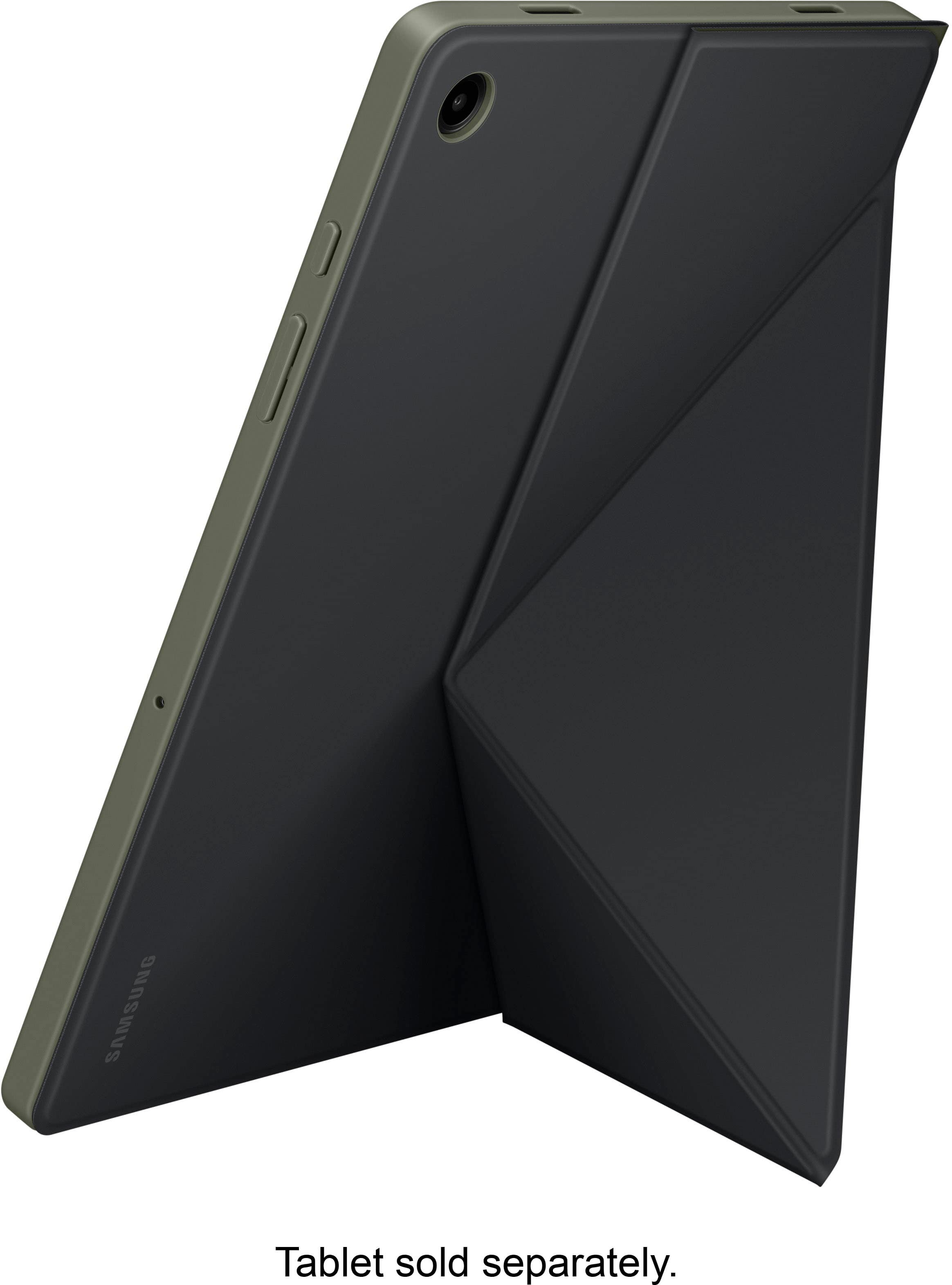 The image features a Samsung tablet, which is sold separately. The tablet is displayed in a case, showcasing its design and protection. The case is black and has a sleek appearance, providing a secure and stylish way to carry the tablet. The tablet itself is not visible, but its presence is implied by the case.