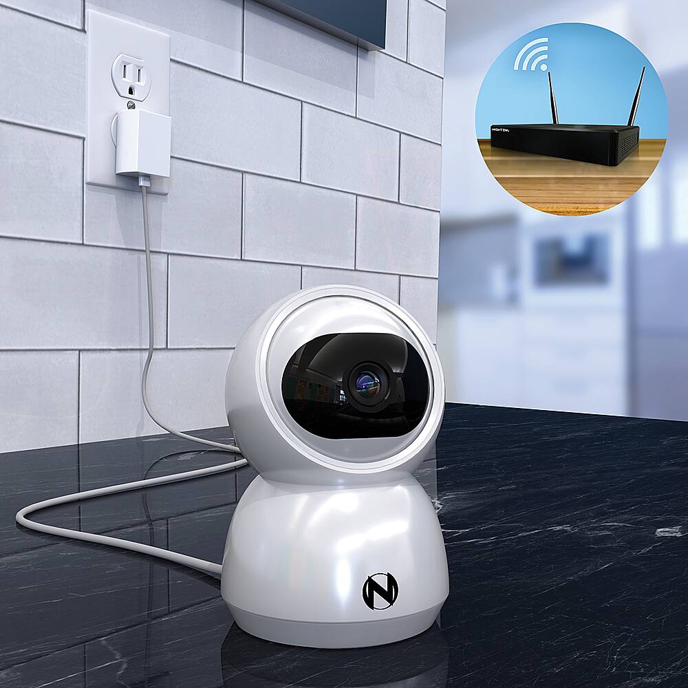 Left. Night Owl - Indoor AC Powered Plug-In Wireless 3MP Security Camera with Pan, Tilt and 2-Way Audio - White.