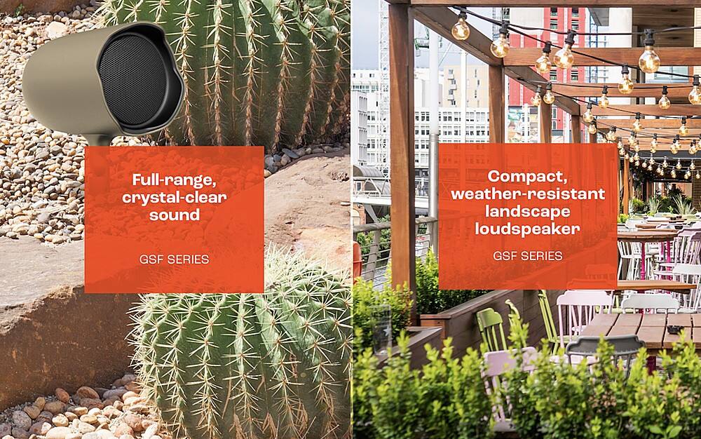 The text on the image reads: "Full-range, crystal-clear sound Compact, weather-resistant landscape loudspeaker GSF SERIES."