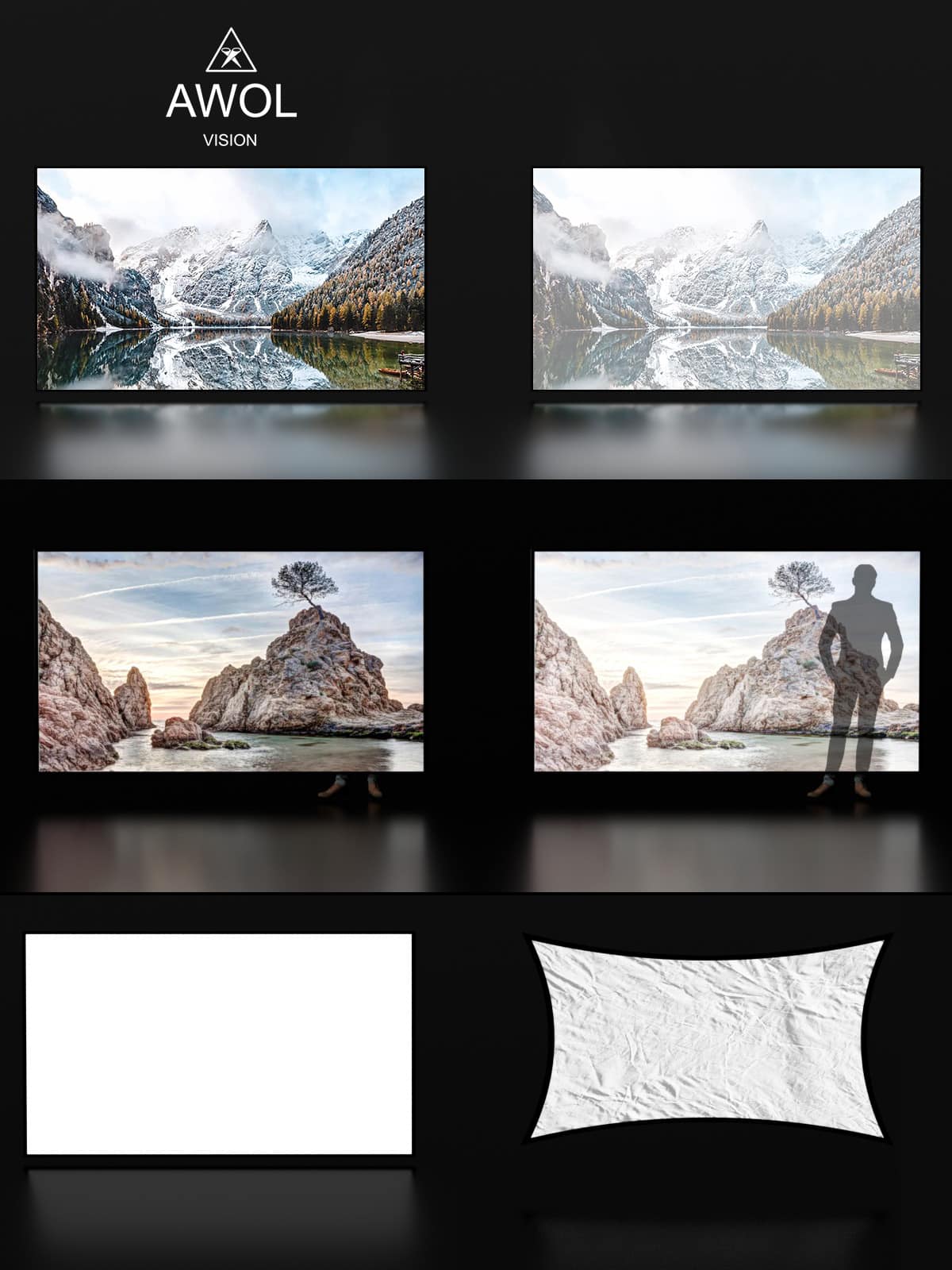 The image features a display of four large screens, each showcasing different scenes, such as a mountain, a waterfall, and a man standing in front of a mountain. The screens are arranged in a row, with each screen taking up a significant portion of the image. The display is likely intended to showcase the capabilities of the projector screens or to demonstrate the quality and resolution of the screens.