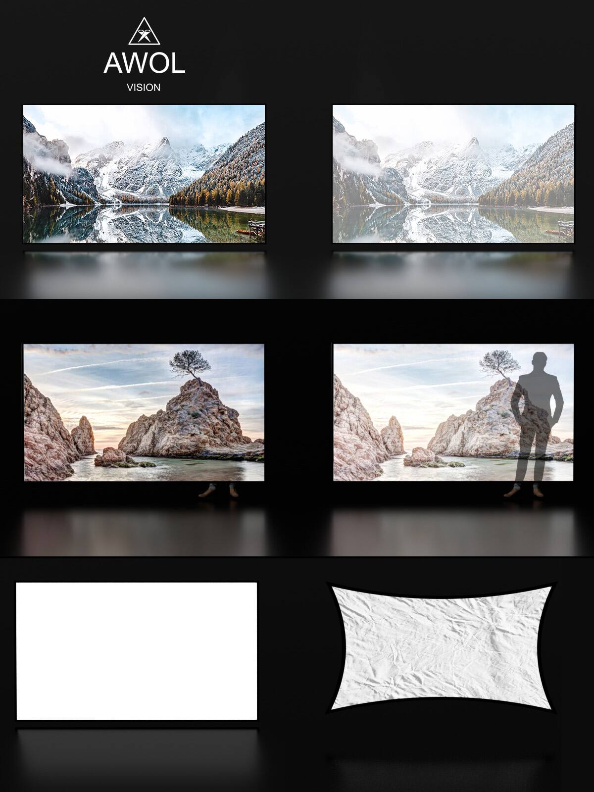 The image features a display of four large screens, each showcasing different scenes, such as a mountain, a waterfall, and a man standing in front of a mountain. The screens are arranged in a row, with each screen taking up a significant portion of the image. The display is likely intended to showcase the capabilities of the projector screens or to demonstrate the quality and resolution of the screens.
