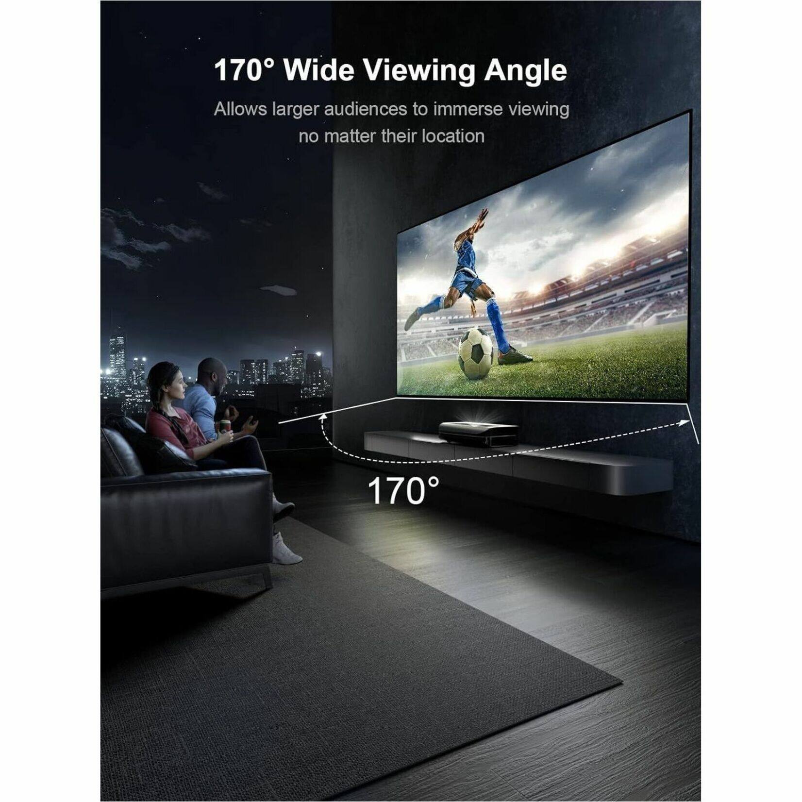 The image features a large flat screen TV with a man kicking a soccer ball on it. There are two people sitting on couches in front of the TV, watching the soccer game. The TV is described as having a 170-degree wide viewing angle, which allows for a larger audience to immerse themselves in the viewing experience, regardless of their location.