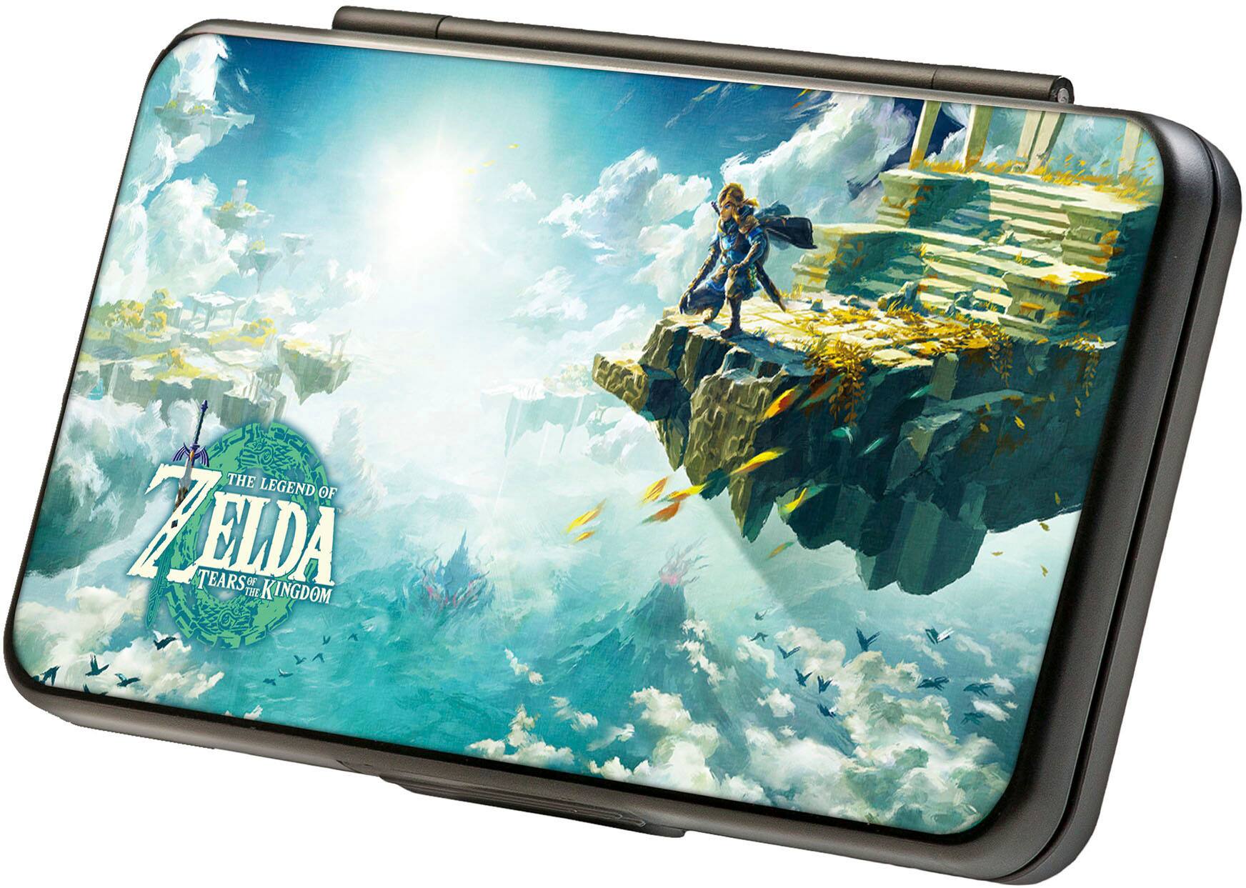 The image features a black case with a Zelda Legend of Zelda design on it. The case is open, revealing the artwork of a person on a rocky surface, surrounded by clouds. The case is designed to protect a cell phone, and the artwork is displayed prominently on the front of the case.