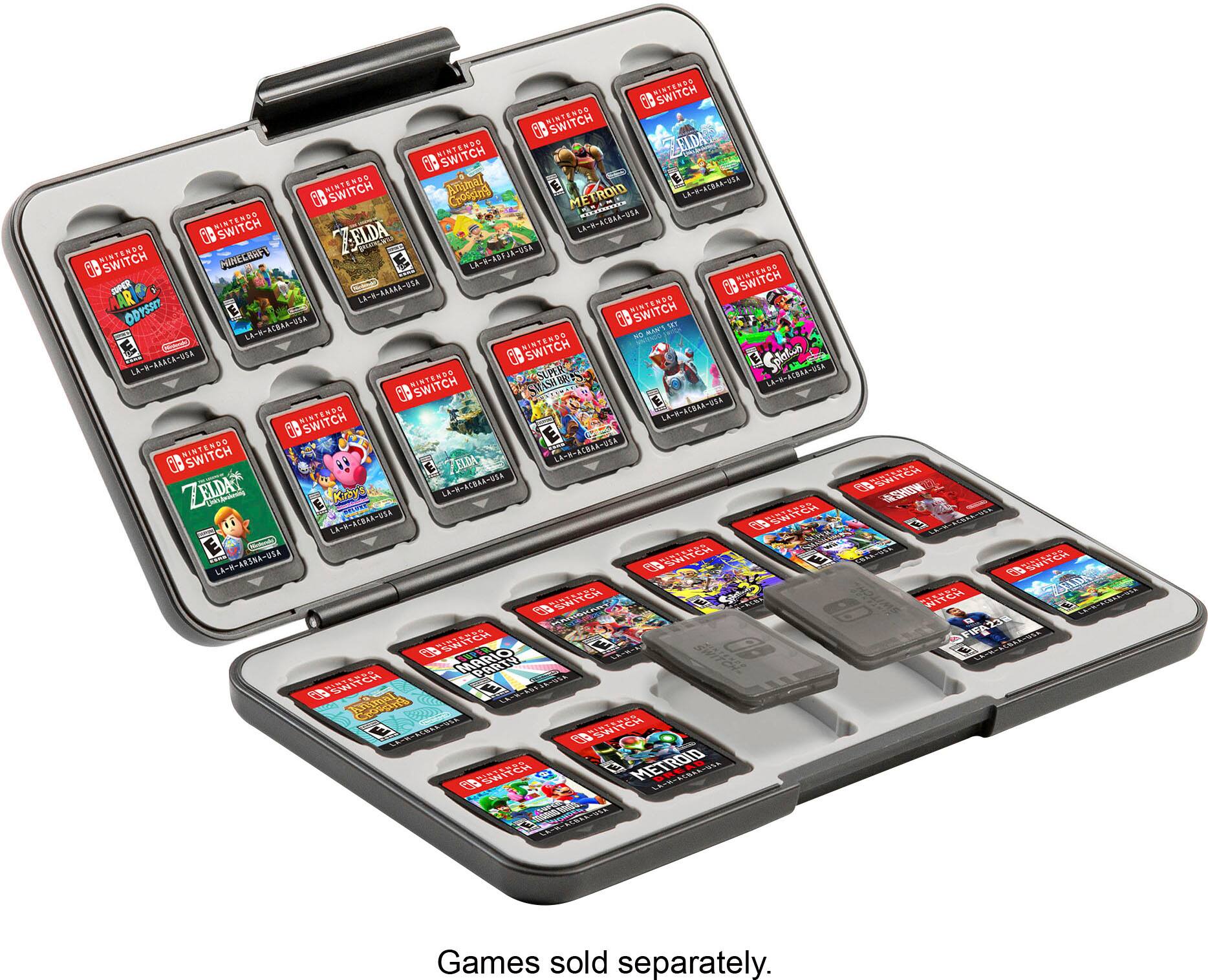 The image features a Nintendo Switch game case, which is a compact and portable storage solution for the game cartridges. The case is filled with various Switch game cartridges, showcasing the diverse range of games available for the console. The case is designed to hold multiple game cartridges, making it a convenient way to transport and organize your gaming collection.