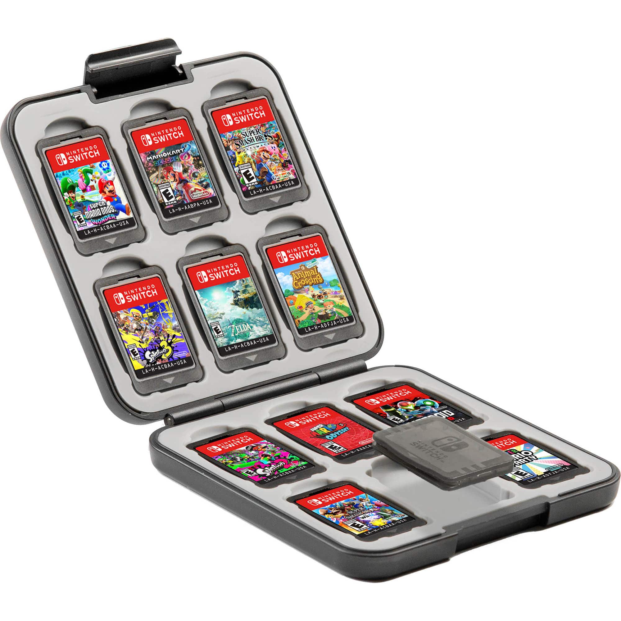 The image features a Nintendo Switch game case with a variety of games displayed on it. The case is open, revealing the games inside. There are at least 12 games visible, including titles like "Animal Crossing: New Horizons," "Mario Kart 8 Deluxe," and "The Legend of Zelda: Breath of the Wild." The case is designed to hold and protect the game cards, making it a convenient way to store and transport the Switch games.