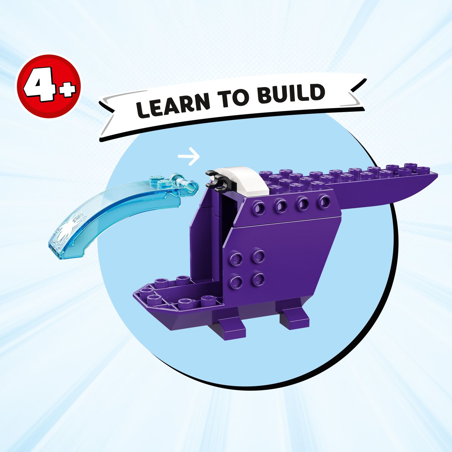 The image features a purple Lego creation with a blue piece attached to it. The Lego set is designed for children to learn and build with, as indicated by the "4+ to build" label. The image showcases the creativity and fun that comes with building with Legos.
