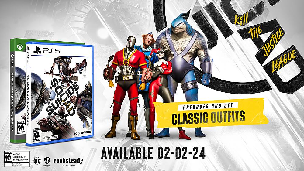 The text on the image is grouped and corrected as follows:

"Kill the Justice League with Suicide Squad and get a classic outfits preorder bonus. Available 02-02-24. Strong language, violence, blood and gore, and mature humor. DC WB rocksteady."