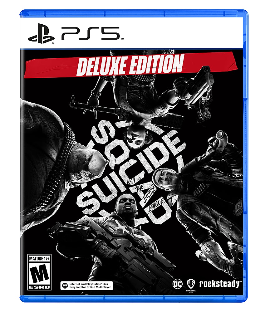 "PS5 Deluxe Edition Suicide Squad: Kill the Justice League Mature 17+ M WB ESRB Internet Required and for PlayStation Plus Online Multiplayer DC rocksteady MADHCTROS"