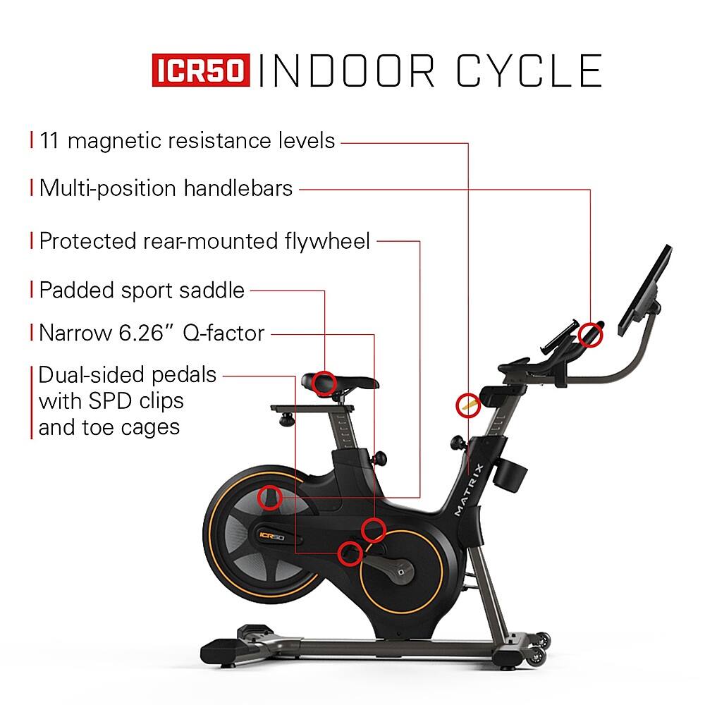 ICR50 Indoor Cycle | 11 magnetic resistance levels | Multi-position handlebars | Protected rear-mounted flywheel | Padded sport saddle | Narrow 6.26" Q-factor | Dual-sided pedals with SPD clips and toe cages | Icreo Matrix