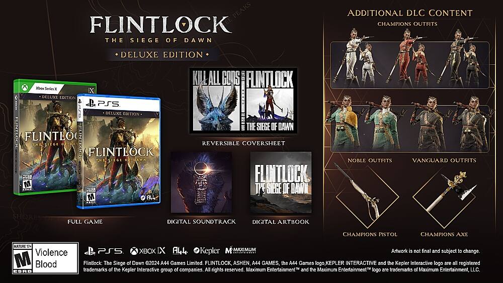 Flintlock: The Siege of Dawn Deluxe Edition includes:

1. Full Game
2. Additional DLC Content: Champions Outfits
3. Reversible Cover Sheet
4. Digital Soundtrack
5. Digital Artbook
6. Noble Outfits
7. Vanguard Outfits
8. Pistol Champions Axe
9. Mature 17+ Content
10. Xbox Series X|S

Note: The artwork is not final and may be subject to change.