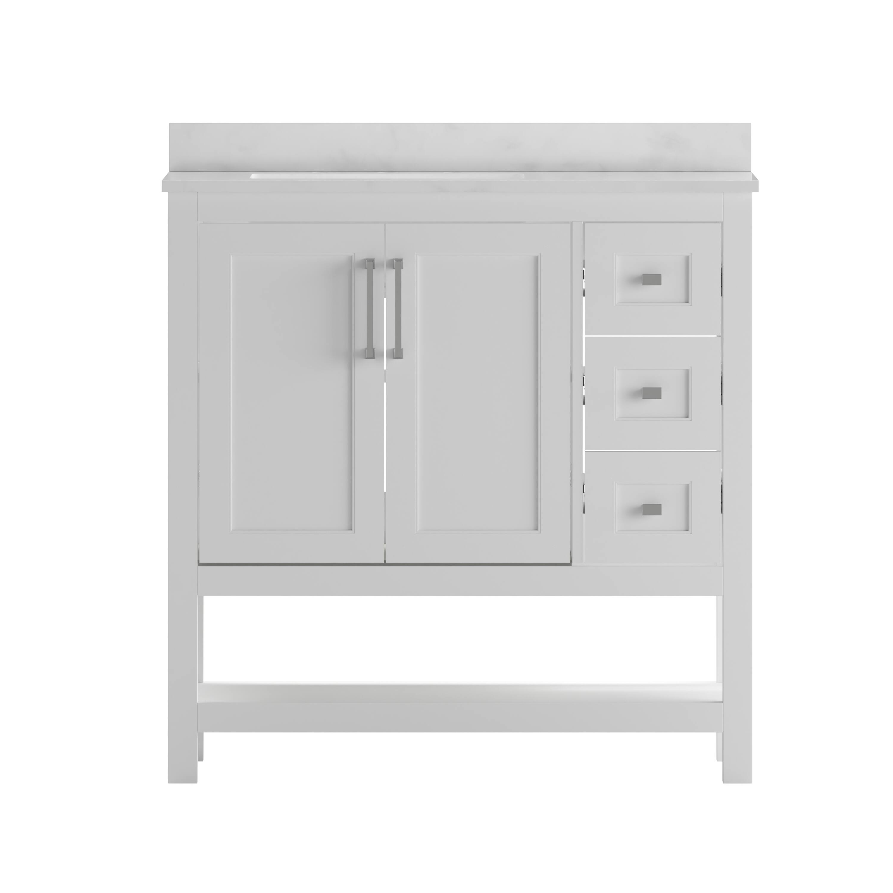 Angle. Flash Furniture - Vega 36 Inch Bathroom Vanity with Sink, Storage Cabinet with Soft Close Doors, Open Shelf and 3 Drawers, Carrara Marble - White.