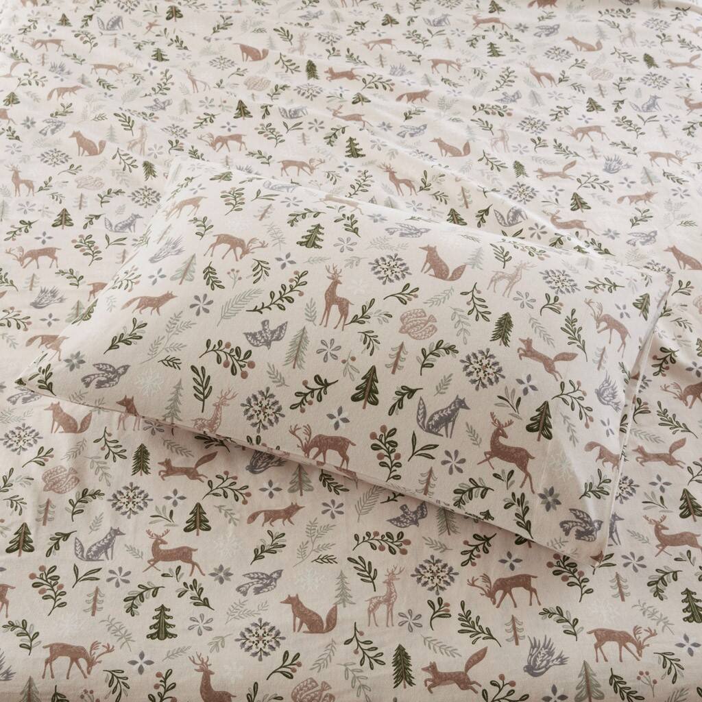 Alt View 2. Gracie Mills - Gracie Mills Persephone 4-Peice Cotton Flannel Sheet Set - Tan Woodland Winter.