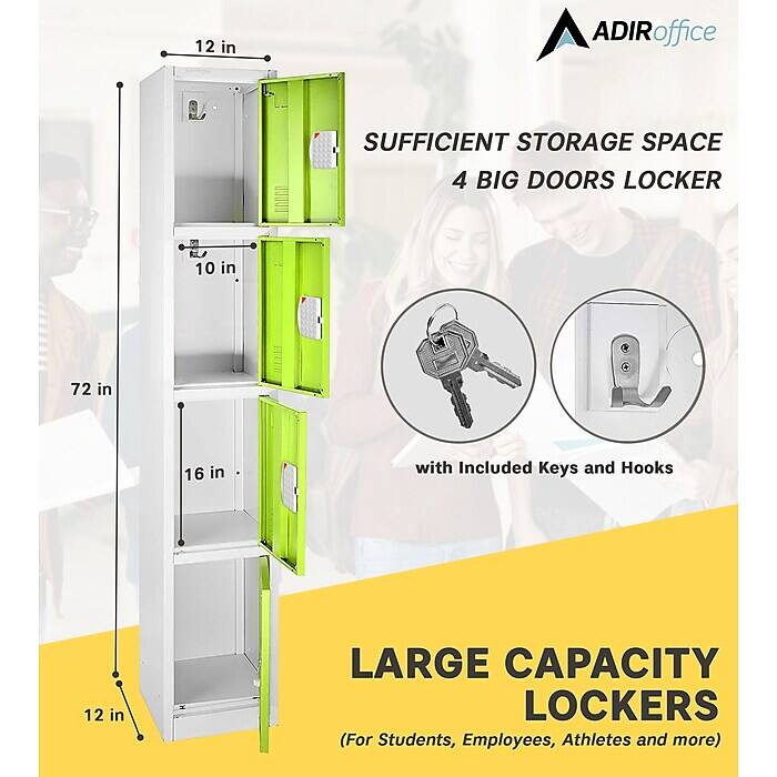 ADIRoffice SUFFICIENT STORAGE SPACE 4 BIG DOORS LOCKER with Included Keys and Hooks LARGE CAPACITY LOCKERS (For Students, Employees, Athletes and more) 12 in 10 in 72 in 16 in