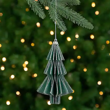 Front. Northlight - 6" Glittered Green Christmas Tree Ornament - Green.