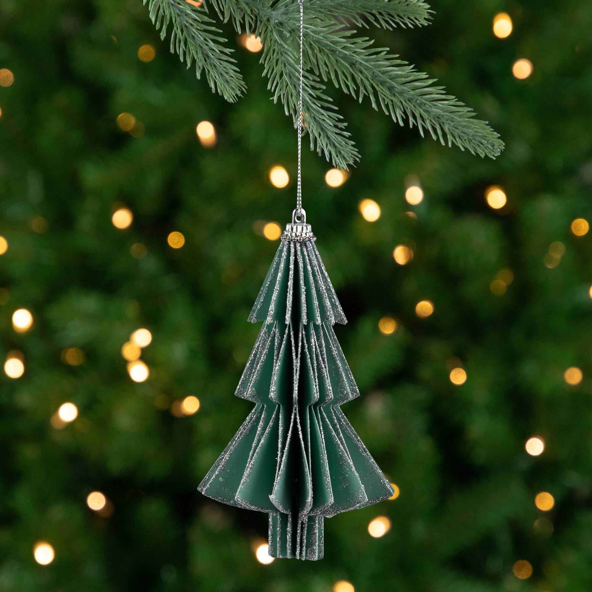 Front. Northlight - 6" Glittered Green Christmas Tree Ornament - Green.