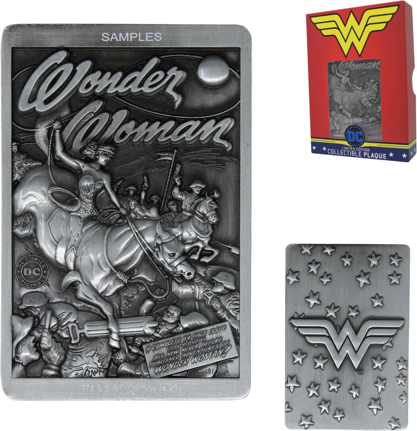 SAMPLES  
Wonder Woman  
COLLECTIBLE LIMITED EDITION PLAQUE  
DC COMICS DC ORIGINAL PAGE ISSUE 69  
COMPLETE CONTAINING ONE OF A KIND ADVENTURES NOW PUBLISHED FOR THE FIRST TIME  
A COMPLETE ORIGIN PAGE  
THE NEW ADVENTURES OF WONDER WOMAN  
TM & © DC Comics (s) 20