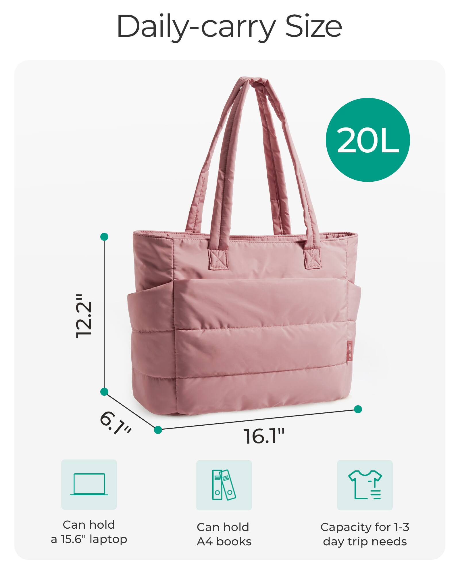 Daily-carry Size

20L

12.2"

6.1"

16.1"

Can hold a 15.6" laptop

Can hold A4 books

Capacity for 1-3 day trip needs