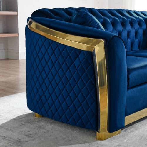 Alt View 1. Anysun - 84" 3-Seat Velvet Chesterfield Sofa - Button Tufted, Gold Stainless Steel Trim, Mid-Century Modern with 2 Pillows - Blue.
